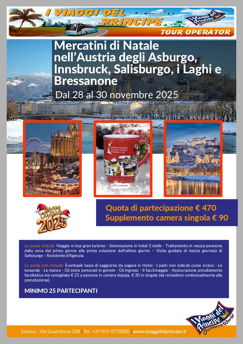 Mercatini di Natale nell'Austria degli Asburgo, Innsbruck, Salisburgo, i Laghi e Bressanone - DALLE PROVINCE DI SAVONA E IMPERIA
